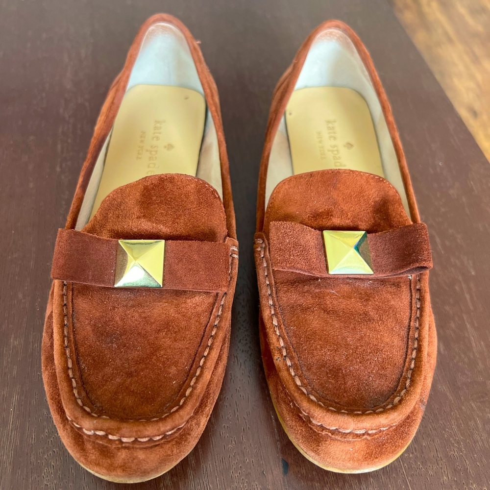 Kate Spade -  brown suede leather loafers with bow and gold button
